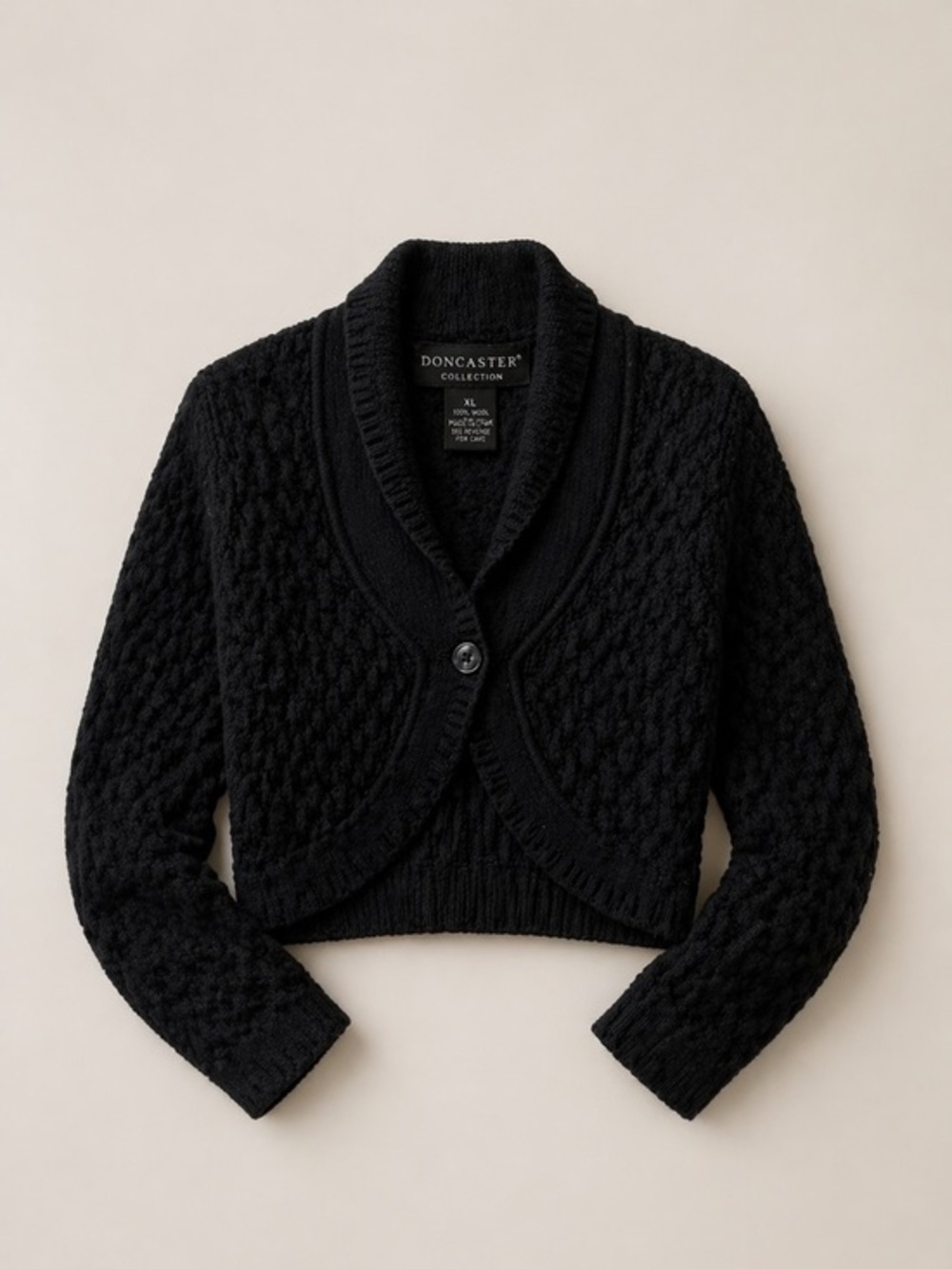 Doncaster Black Wool Cropped Cardigan XL Textured Knit Bolero Luxe